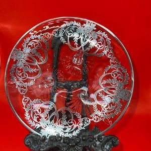 Vintage Sterling Silver Overlay Glass 3 footed glass Dish, Preowned D 6”5/8